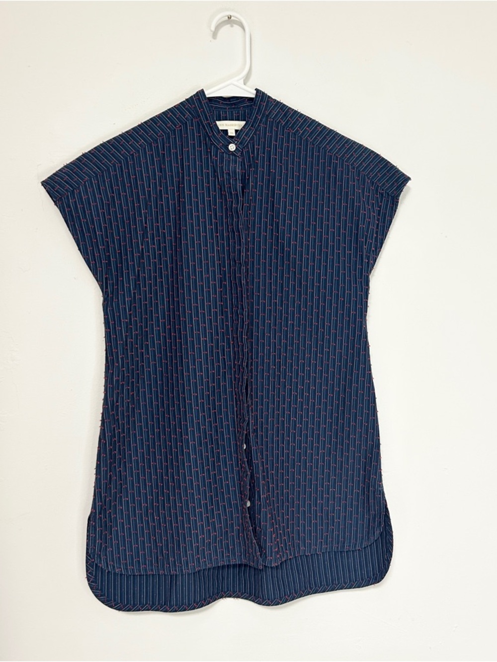 Ann Mashburn Navy Button-Front Tunic Shirt with Red Dots XS